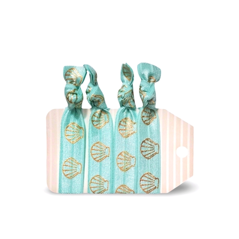 4-Pack Beach Theme Seashell FOE Creaseless Yoga Aqua & Gold Shell Hair Ties